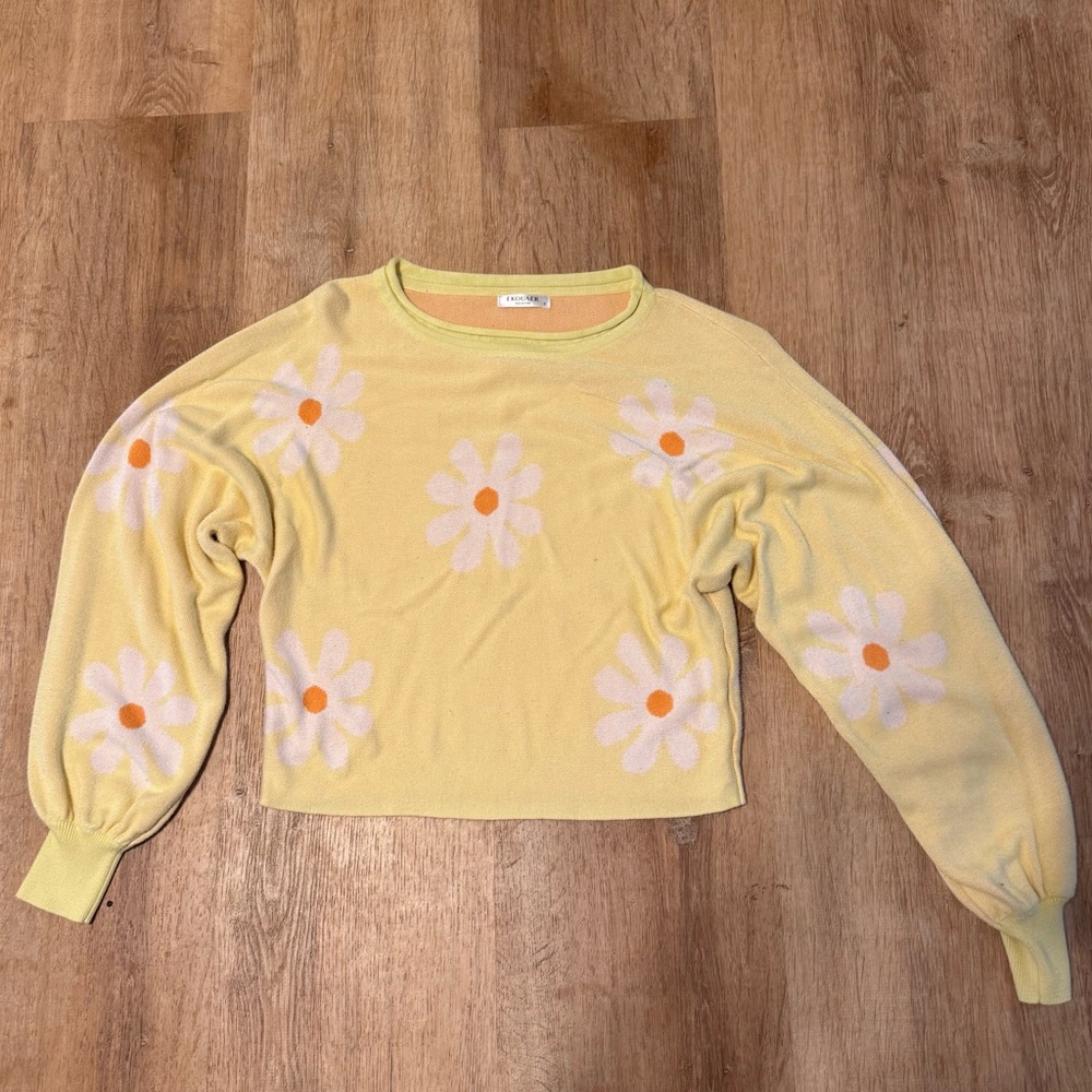 Ekouaer Daisy Knit Sweater Pastel Yellow Puff Balloon Sleeve Floral Soft Small